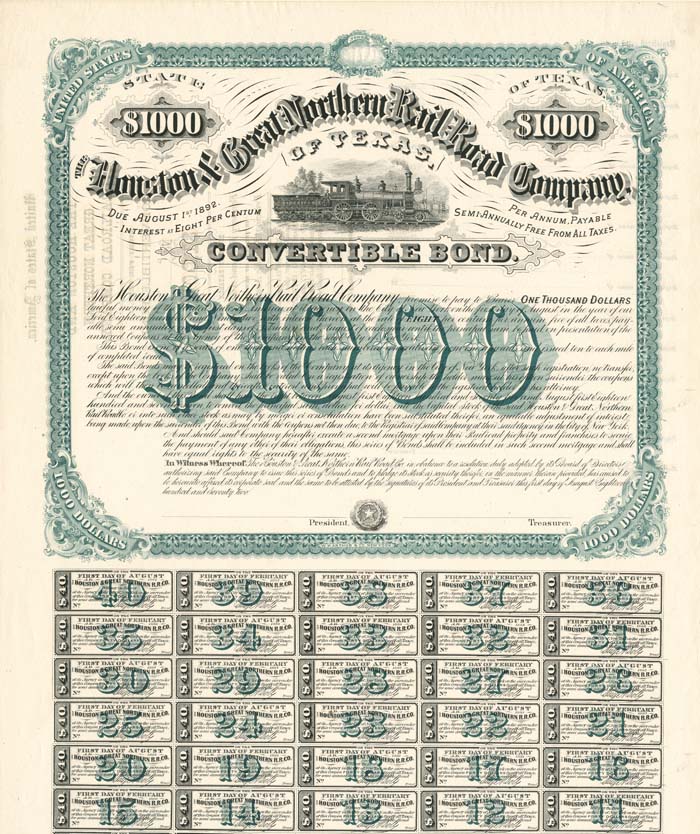 Houston and Great Northern Railroad Co. of Texas - $1,000 8% Railway Bond